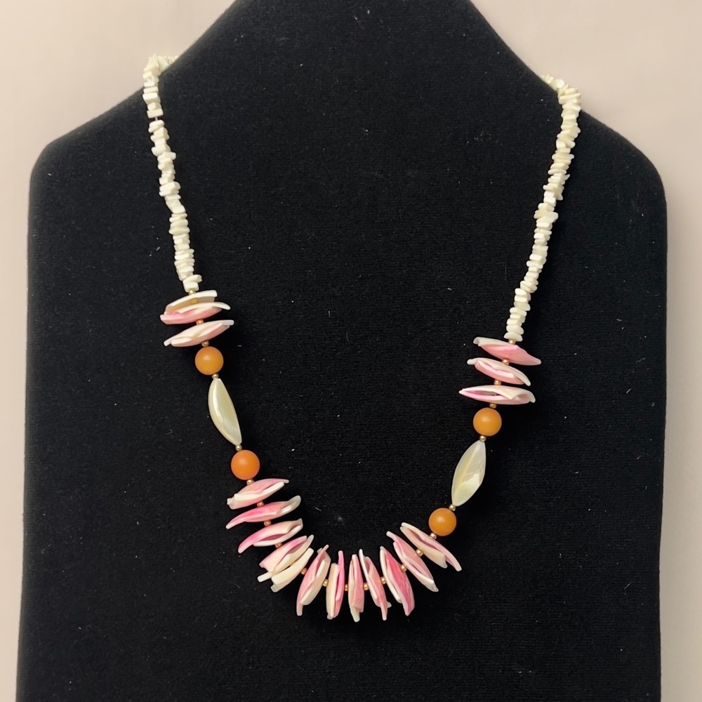 Vintage Pink and White Shell Bead Necklace 24 Inch Coastal Boho Barrel Clasp